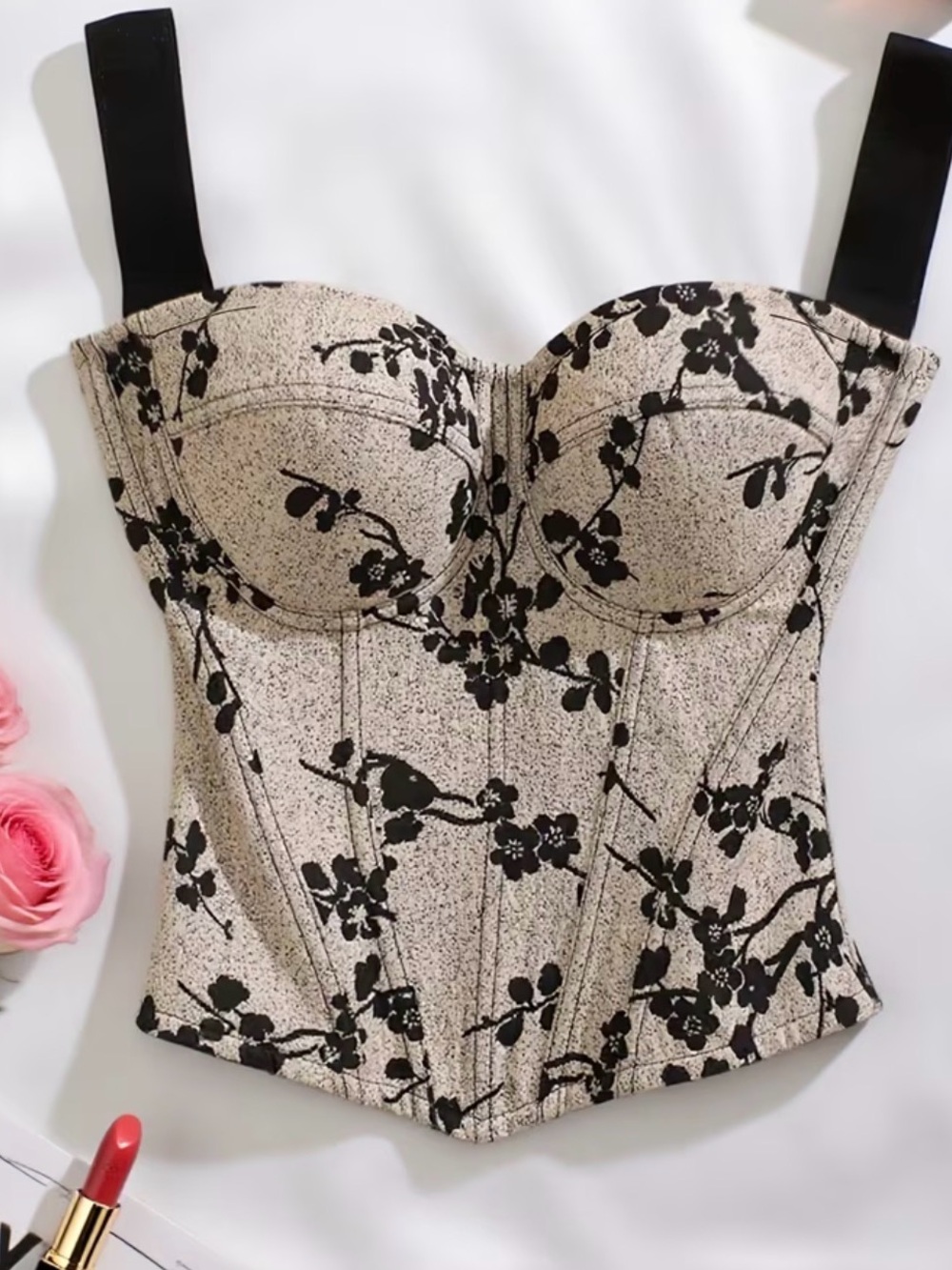 Bustier Dress Top in Cream with Black Floral Print - small